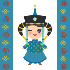 Mongolian girl in national costume and hat. Cartoon children in traditional dress on white background. Card banner template, blue Mongolian ornament. Vector