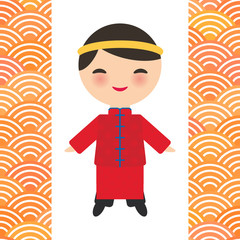 Chinese boy in national costume and hat. Cartoon children in traditional China dress. scales simple pattern background with japanese wave. Vector