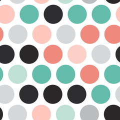 Polka dot background, seamless pattern. Black teal gray pink sky blue color dot isolated on white background. Vector