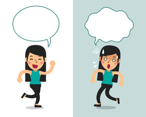 Cartoon vector character a woman expressing different emotions with speech bubbles