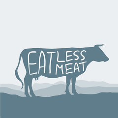 Eat less meat. Cow silhouette graze in the field, landscape, sky, grass, pasture. Blue, gray background. Pollution problem concept Eco, ecology banner poster. Vector