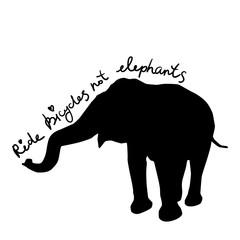 Ride bicycles not elephants. Black text, calligraphy, lettering, doodle by hand isolated on white. Eco, ecology banner poster. Vector