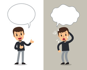 Cartoon vector character man expressing different emotions with speech bubbles