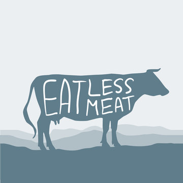 Eat Less Meat. Cow Silhouette Graze In The Field, Landscape, Sky, Grass, Pasture. Blue, Gray Background. Pollution Problem Concept Eco, Ecology Banner Poster. Vector