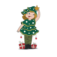 Illustration of Christmas tree Girl