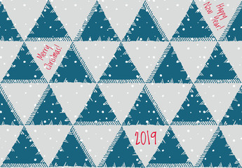 Merry christmas and a happy new year! 2019. Seamless pattern with green Christmas tree on grey background.