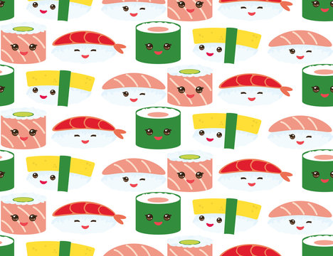 seamless pattern Kawaii funny sushi rolls set with pink cheeks and big eyes, emoji Baby japanese background on white. Vector