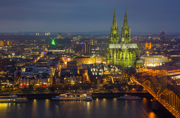 View of Cologne and the Cologne cathedral in the night from height of bird's flight