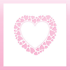 Openwork frame with tender wreath of hearts. Laser cutting template for greeting cards, envelopes, wedding invitations, interior decorative elements.