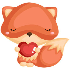 a cute fox holding a heart while wearing a flower wreath