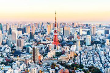 tokyo tower and city skyline under sunset - obrazy, fototapety, plakaty