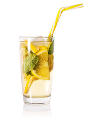Glass of homemade lemonade with striped straw
