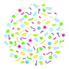 Bacterial microorganisms, germs and viruses colorful circle pattern. Viruses, infections colorful, micro-organisms disease objects, cell cancer vector flat style design vector illustration on white.