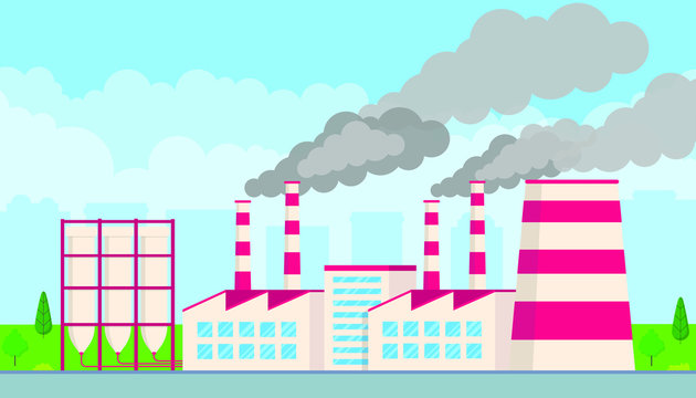 Industrial factory plant flat style design vector illustration. Factory building with smoking pipes, cloudy sky and city behind. Cityspape with tecknology buildings, road and trees next to.