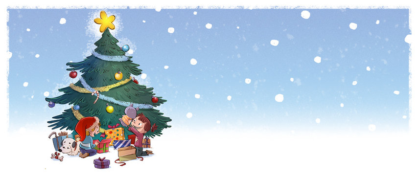 niños con arbol de navidad y regalos