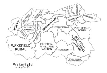 Modern City Map - Wakefield city of England with wards and titles UK outline map