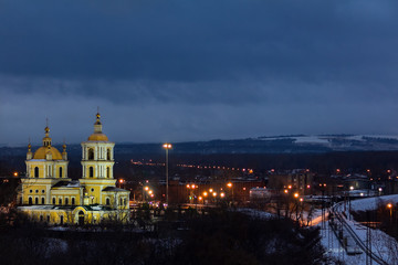 Fototapeta na wymiar Spaso-Preobrazhensky Cathedral in the early morning, illuminated by the warm light from the street lamps.