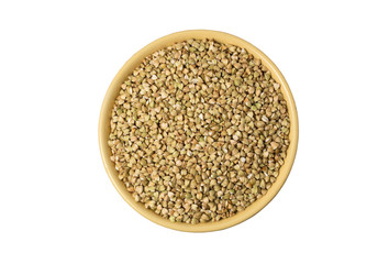 Natural fresh green buckwheat in ceramic bowl on white background.