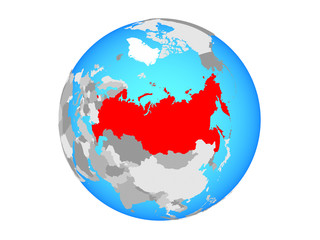 Russia on blue political globe. 3D illustration isolated on white background.