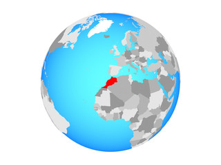 Morocco on blue political globe. 3D illustration isolated on white background.