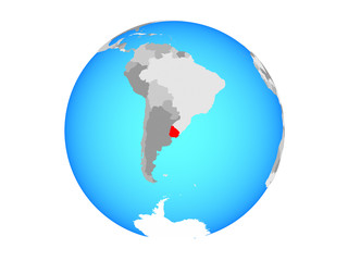 Uruguay on blue political globe. 3D illustration isolated on white background.