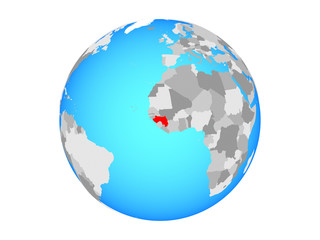 Guinea on blue political globe. 3D illustration isolated on white background.
