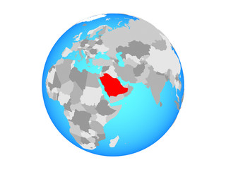 Saudi Arabia on blue political globe. 3D illustration isolated on white background.
