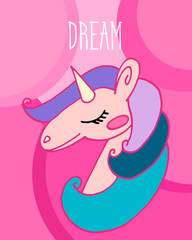 Obraz na płótnie Canvas Fantastic vector postcard with a unicorn on a pink background