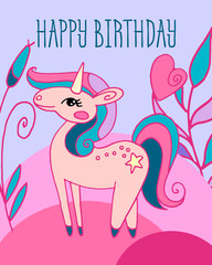 cartoon vector card with a unicorn on a pink background