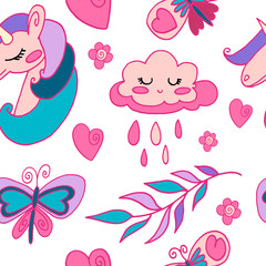 cartoon seamless pattern with pink unicorns, clouds, leaves, hearts and flowers on white background, vector illustration