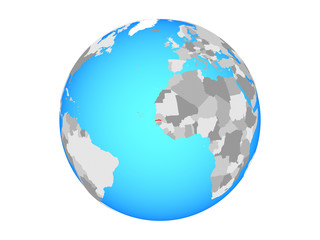 Gambia on blue political globe. 3D illustration isolated on white background.