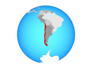 Chile on blue political globe. 3D illustration isolated on white background.