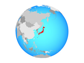 Japan on blue political globe. 3D illustration isolated on white background.