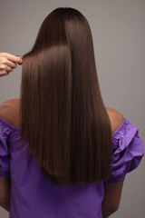 Portrait of a beautiful young brunette woman with long straight hair. Back view