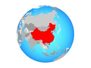 China on blue political globe. 3D illustration isolated on white background.