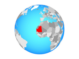 Mauritania on blue political globe. 3D illustration isolated on white background.