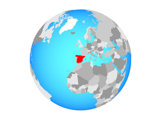 Spain on blue political globe. 3D illustration isolated on white background.