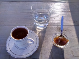 cup of  coffe on wooden table