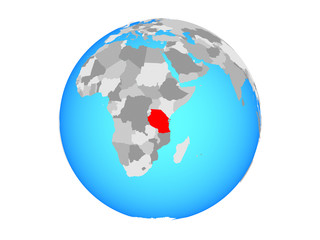 Tanzania on blue political globe. 3D illustration isolated on white background.