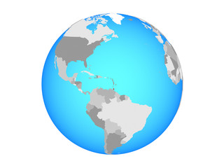 Fototapeta na wymiar Caribbean on blue political globe. 3D illustration isolated on white background.