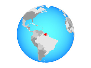 Suriname on blue political globe. 3D illustration isolated on white background.