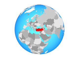 Turkey on blue political globe. 3D illustration isolated on white background.