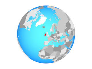 Ireland on blue political globe. 3D illustration isolated on white background.