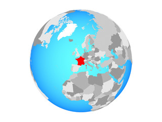 France on blue political globe. 3D illustration isolated on white background.