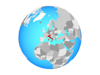 Italy on blue political globe. 3D illustration isolated on white background.