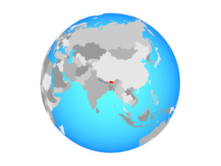 Bhutan on blue political globe. 3D illustration isolated on white background.