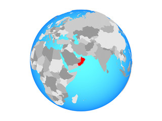 Oman on blue political globe. 3D illustration isolated on white background.