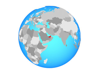 United Arab Emirates on blue political globe. 3D illustration isolated on white background.