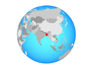 Bangladesh on blue political globe. 3D illustration isolated on white background.