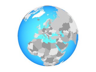 Kosovo on blue political globe. 3D illustration isolated on white background.